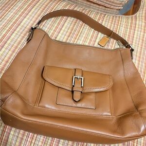 Coach brown, leather, single strap shoulder bag with exterior flap pocket